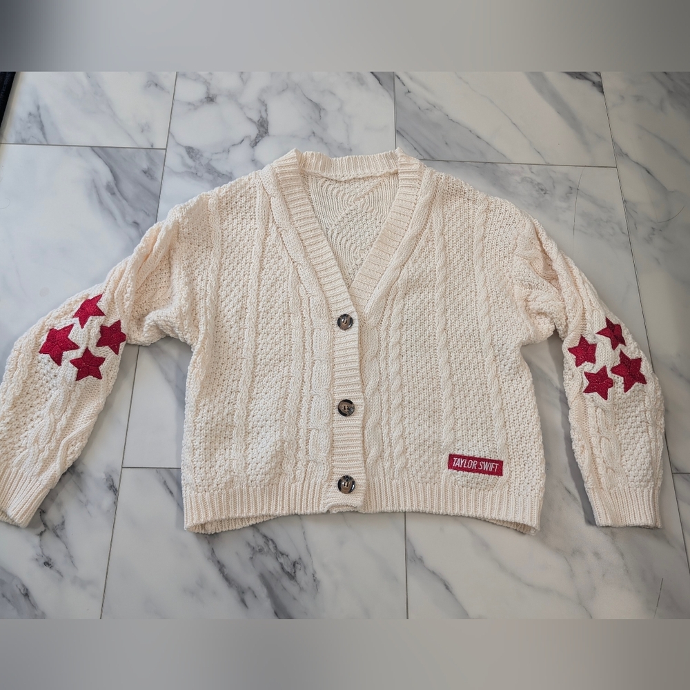 Taylor Swift Cream Cardigan with Red Stars.